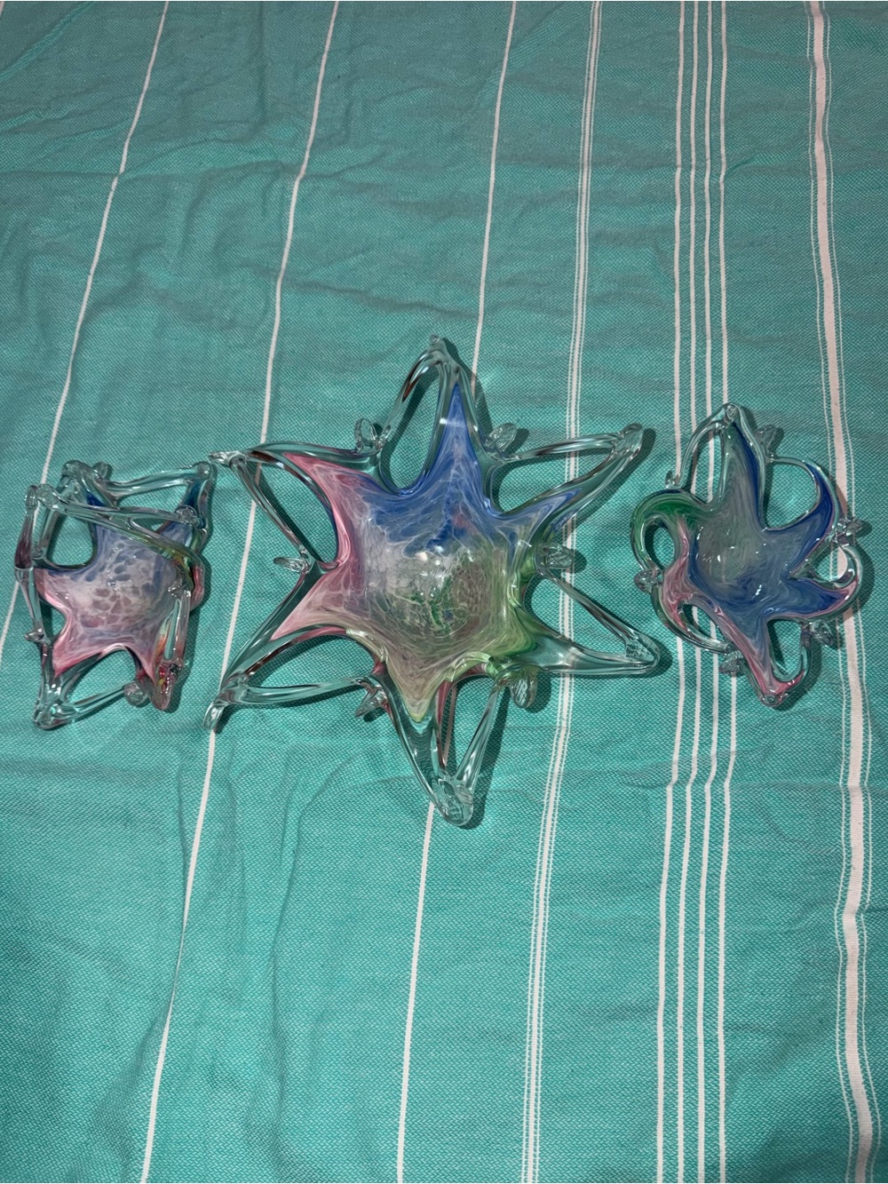 Multicolor Handblown Glass Starburst Sculpture - Blue Pink Green